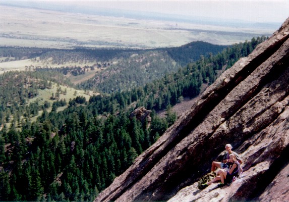  After the 5th pitch, Wisconsin climbers on the classic route (the face is not that steep, but steeper than it looks here, due to some photographer tilt)